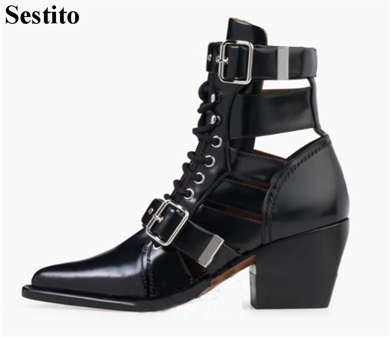 

New Black Pointed Toe Hollow Casual Woman Boots Ankle Boots For Women High Square Heel Buckle Strap Ladies Shoes Spring/ Autumn
