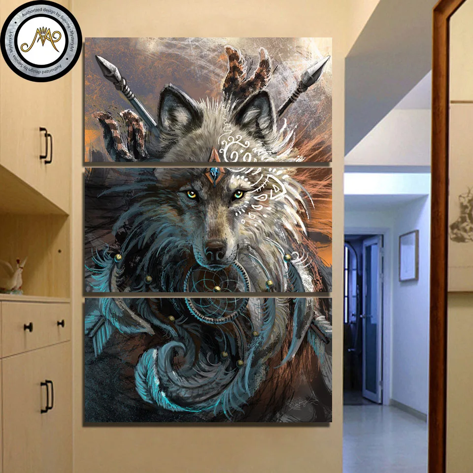 

Wolf Warrior by Sunima-MysteryArt HD print 3 piece canvas painting art Native American Indian wolf feather dreamcatcher CU-3030C