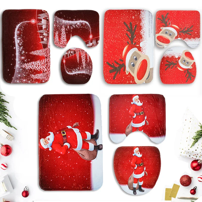 

3pcs/set Christmas Style Non Slip Toilet Bathroom Pad Floor Mat Rug Carpet Absorbent Pedestal Rug Lid Toilet Cover Bath Mat