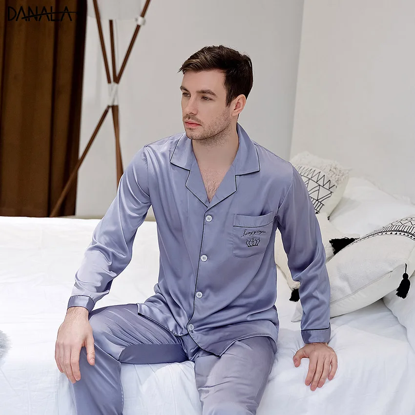 DANALA Silk Satin Pajamas Sets Men Solid Vogue Refreshing Simple Men Nightwear Sets Home Suits Sleepwear Three Quarter Sleeve