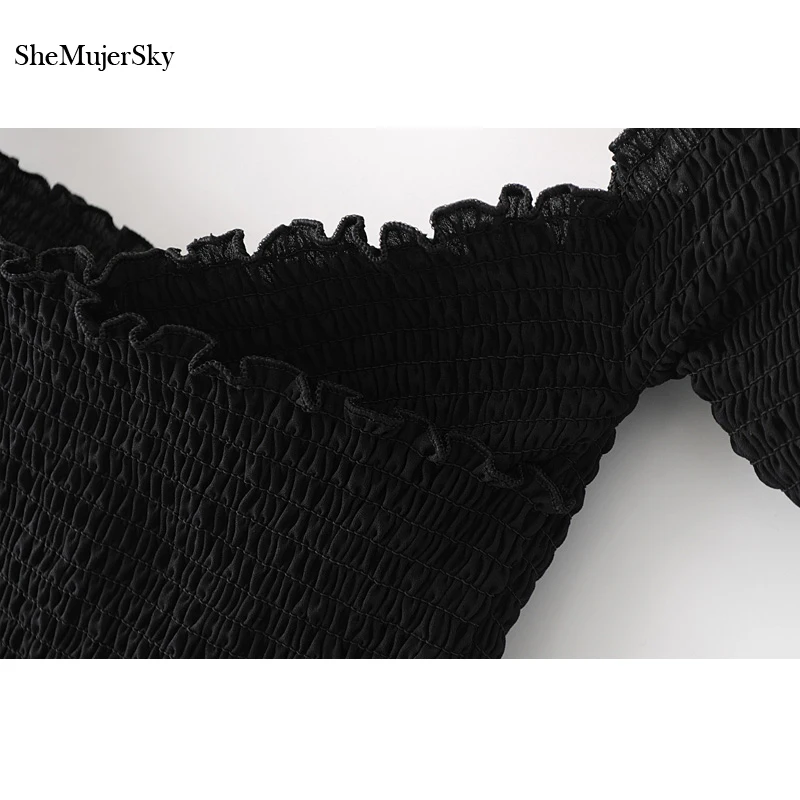 SheMujerSky оборки майка Женский черный укороченный, женственный короткие эластичные Топы Футболка