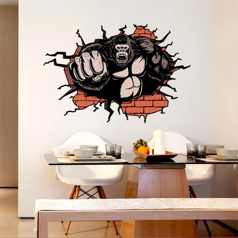 2018 New Creative  3D Wall Broken Orangutan Background Wall Decoration Non-toxic Removable Wall Sticker C0331#30                05