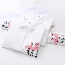 Прямая поставка с фабрики, осенние женские блузки, новинка, изысканная вышивка фламинго, Женская Повседневная белая рубашка с длинными рукавами XQ014