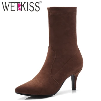 

WETKISS Thin High Heels Ankle Women Boots Stretch Sock Boot Pointed Toe Shoes Flock Female Shoes Winter Rubber Footwear Black