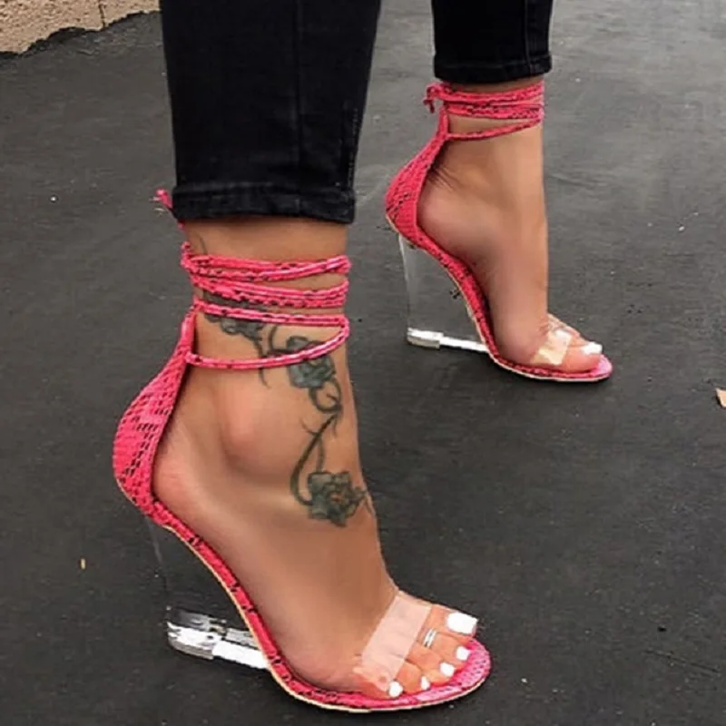 

Summer woman sandals transparent high heels gladiator serpentine lace up shoes sexy clear crystal wedges open toe ladies sandals