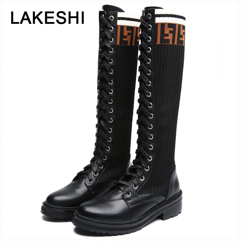 

LAKASHI Women Winter Warm Boots Lace Up Sock Boots Ladies Martin Boots Thigh High Booties Western Long Botas zapatos de mujer