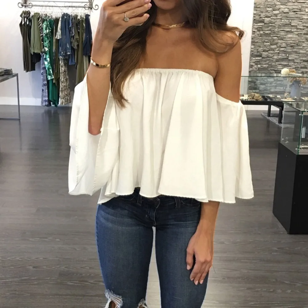 

New Arrival Off Shoulder Blouses Top Three Sleeve Pullover Chiffon Blouse Women Slash Neck Solid Casual Tops White Blusa Mujer