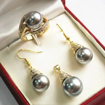 

Lovely Women's Wedding Jewelry noble new jewelry cz 18KGP + 12mm shell pearl pendant, earring, , ring set CZ Crystal stone gems