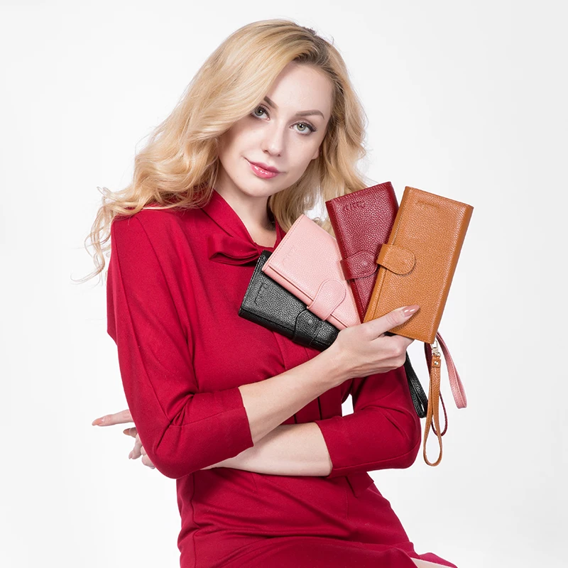 Kopen Realer Lange Portemonnee Vrouwen Echt Leer Vrouwelijke Portemonnee Met Polsbandje Telefoon Pocket Rits Broekzak Portemonnee Voor Credit Card