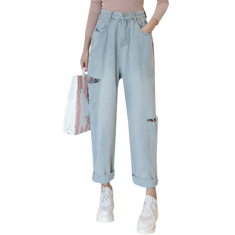 

High Waist Jeans Woman 2019 Summer Boyfriend Ripped Hole Harem Jeans Ankle-Length Denim Pant Jeans Femme
