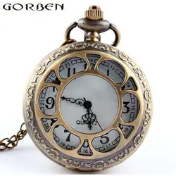 Круглый Hollow Ретро Бронзовый шесть лепестков кварцевые карманные часы ожерелье часы женские изысканные подарки с длинными цепи ожерелье