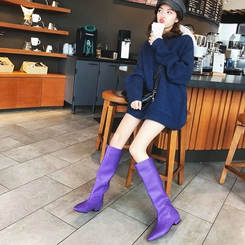 

Women Boots 2019 Autumn spring fashion sexy leather sharped Toe slip On Purple Orange Gray Black Long Boots botines mujer