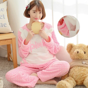 

Winter Pregnant Nightgown Soft Flannel 2Pcs Set Maternity Clothing Breastfeeding Sleepwear Clothes for Nursing Pregnancy Clothes