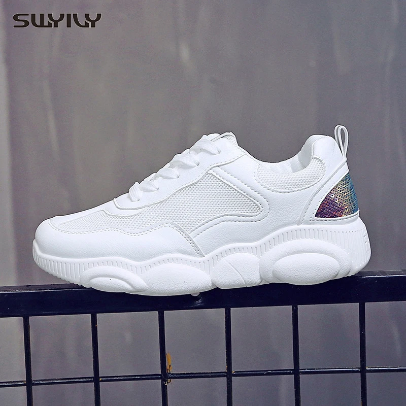 SWYIVY Platform Shoes White Sneakers Women Sequins Casual Shoes Female 2019 Mesh Braethable Women Platform Sneakers Summer Wear