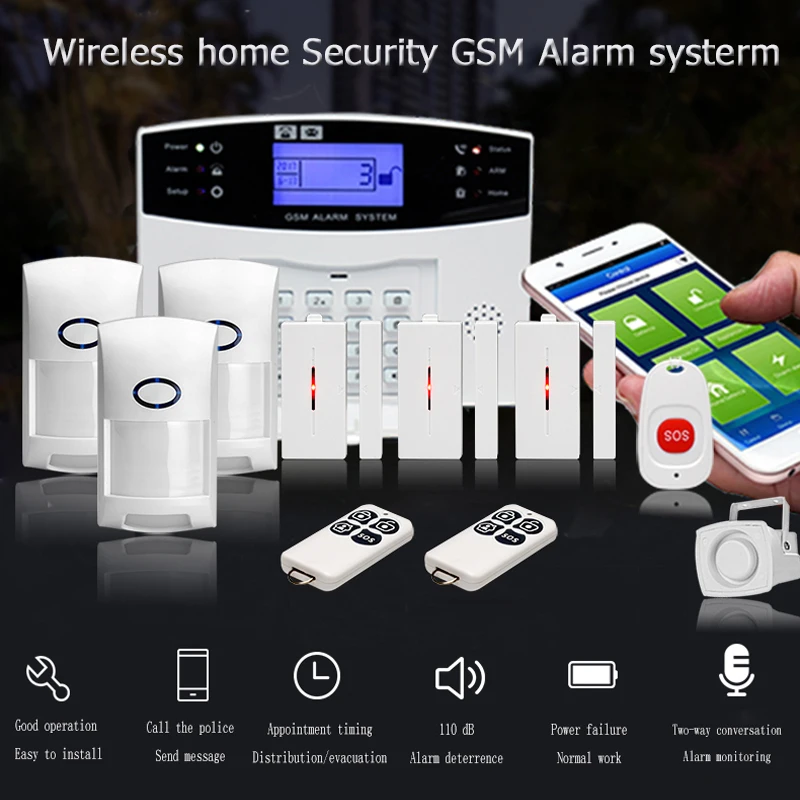 

Remote Control Voice Prompt Wireless door sensor Home Security GSM Alarm systems LCD Display Wired Siren Kit SIM SMS Alarm