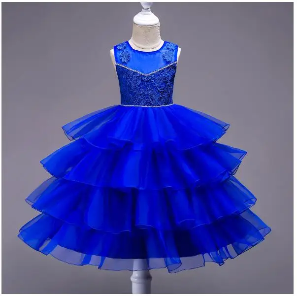 

Girl's Formal Dress 2017 Sleeveless Long Bow Princess Dresses Tiered Gauze Kids Party Gown Children's Wedding Dress Blue 3-14T