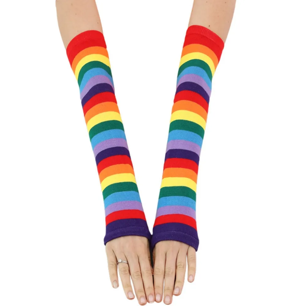 Женские осенние жаккардовые трикотажные хлопковые солнцезащитные перчатки без пальцев С Разноцветными полосками