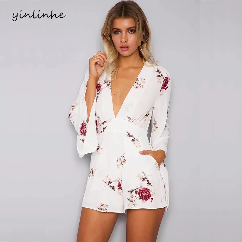 yinlinhe White V neck Sexy Summer Playsuit long Flare Sleeve Floral Women Playsuit Slim Waist Elegant bohemian Rompers  4