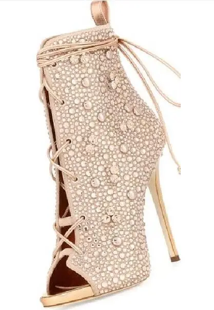 

2018 Hot Sale Women Peep Toe Stiletto Rhinestone Lady Party Dress High Heels Shoes Cut-outs Crystal Ankle Booties Sandal Boots
