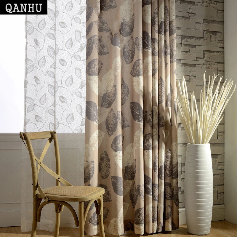 QANHU Brown Leaf Pattern Blackout Curtains for Bedroom Polyester/Cotton
