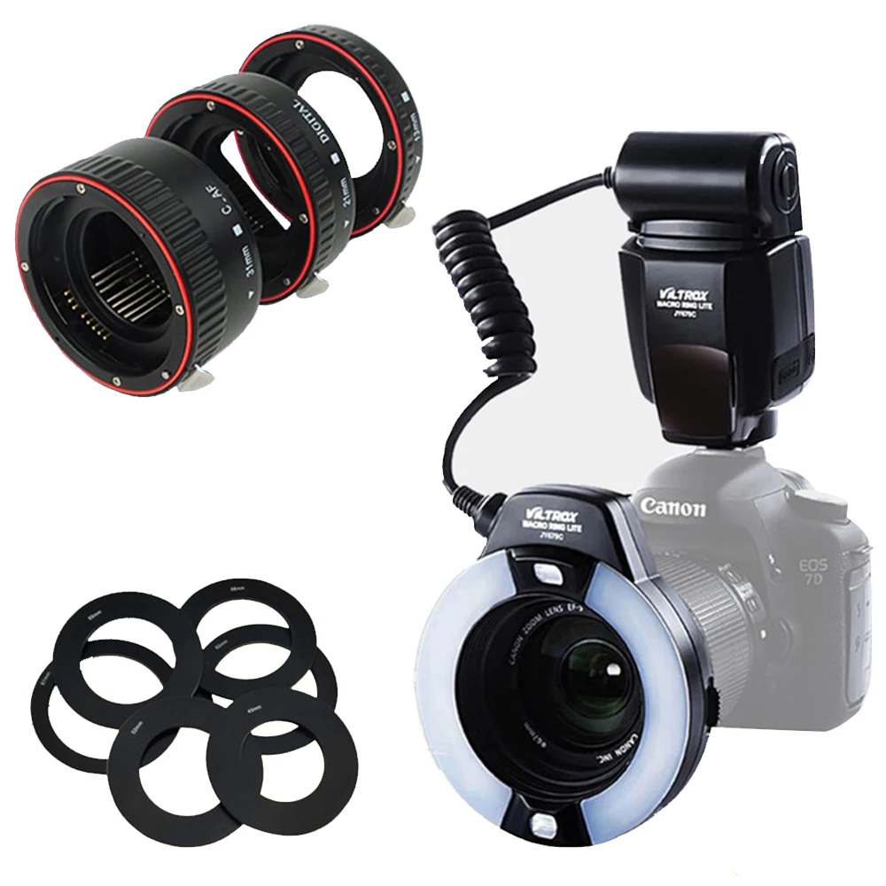 

INSEESI Plastic AF Macro Extension Tube Ring Lens Adapter+Viltrox JY-670C LED Macro Ring Flash Light JY670C FlashLight For Canon