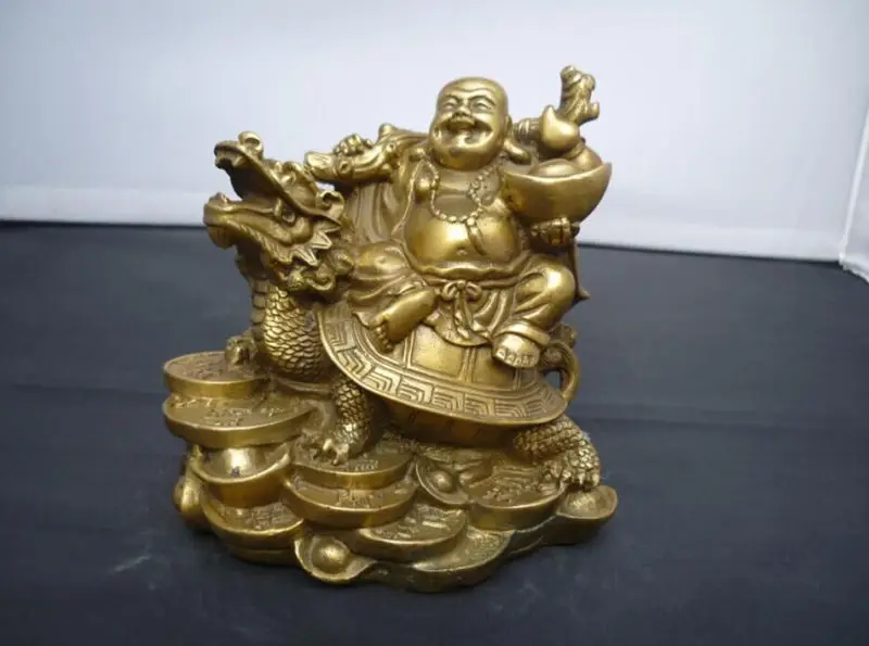 

Chinese Copper Wealth Money Happy Laugh Maitreya Buddha On Dragon Turtle Statue