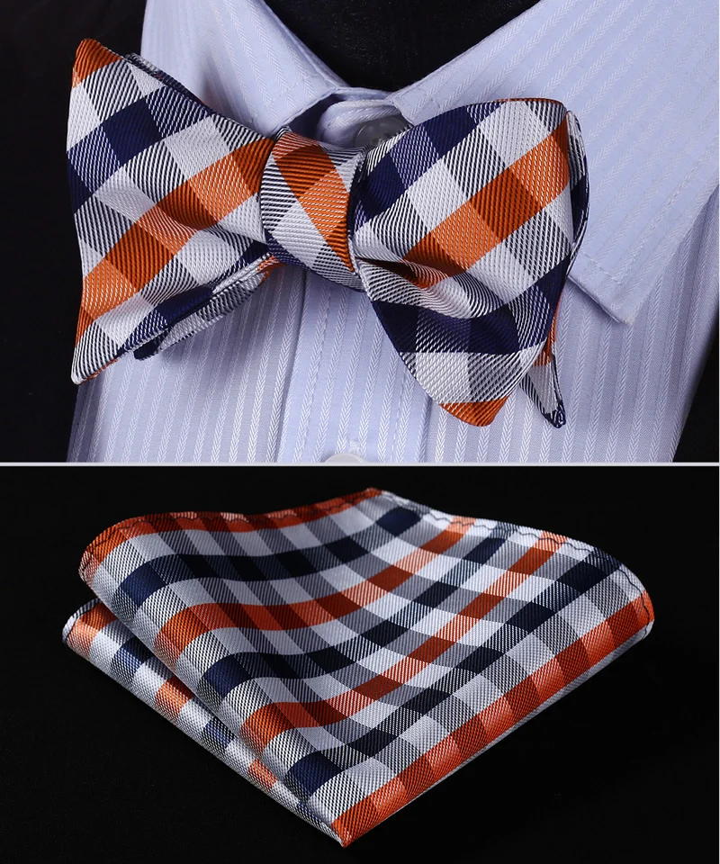 BC3014V Navy Blue Orange Check 100Silk Jacquard Men Butterfly Self Bow