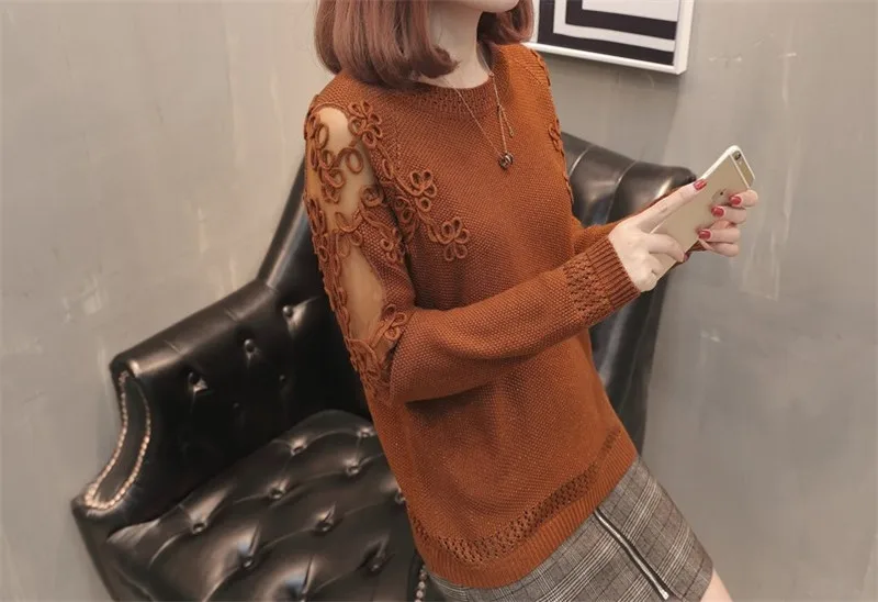 Весенне-осенний женский свитер, пуловер, модный длинный рукав, размера плюс, свободные, с вырезами, с цветами, Вязаные Рубашки, Топы для женщин, AA497