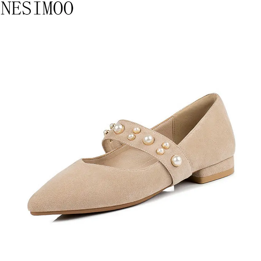 NESIMOO 2019 Flock Fashion Bead Casual Women Flat Heels Pointed Toe Spring Autumn All Match Shallow Single Shoes Big Size 34-43 | Обувь