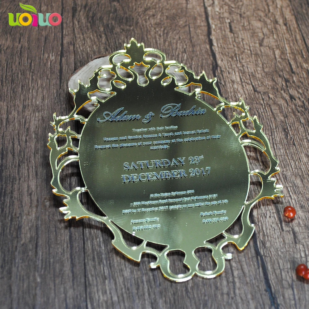  Hot sell personalize printing mirror gold laser cut wedding acrylic card elegant royal lace invitat - 32909404236