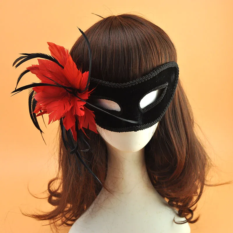 High grade black velvet mask feather flower masquerade maskin Party