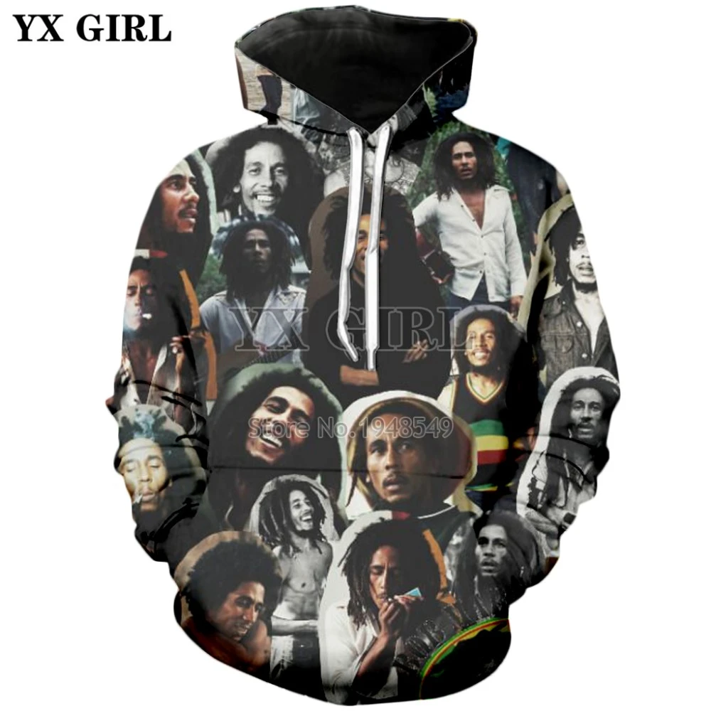 YX GIRL Sudadera con capucha para hombre ropa de marca con estampado 3d de Bob Marley y música Reggae, Hip hop, moda más popular, 2018| Sudaderas con capucha y sudaderas| -