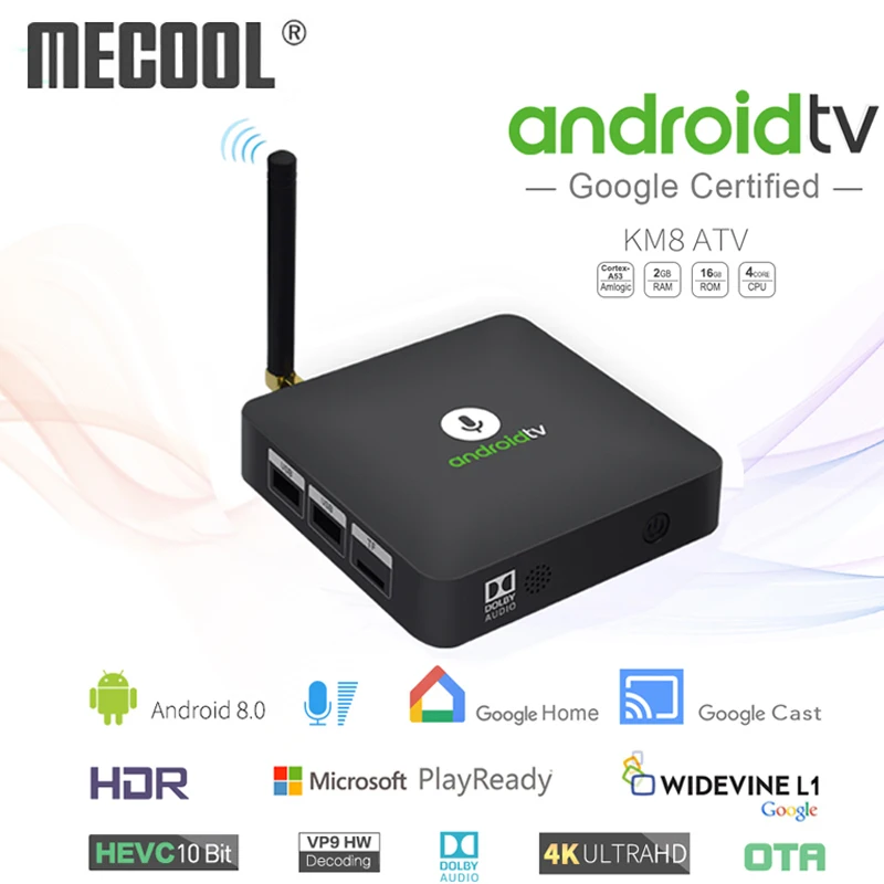 

MECOOL KM8 ATV Smart TV Box Android 8.0 Google Voice Control Amlogic S905X 2GB RAM 16GB ROM Android TV Box Bluetooth Set Top Box