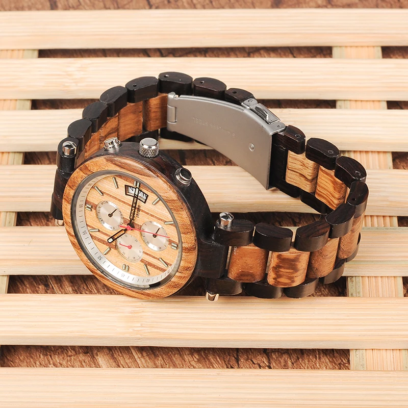 BOBO BIRD WP17 Men Wood Multi-function Ebony Watches Wood Band Fashion Quartz Male Clock Back Cap Custom Watch