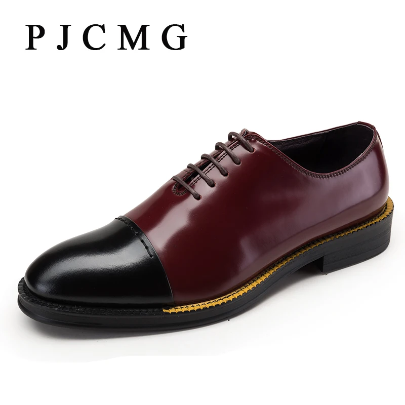 PJCMG Fashion Breathable High Quality Genuine Leather Mixed Colors Pointed Toe Lace-Up Oxford Shoes For Men Wedding Dress Shoes