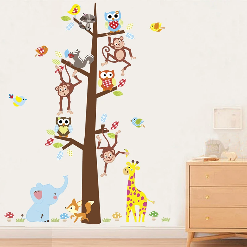 

Owl Monkey Giraffe Decorative Wall Stickers For Kids Room Home Decor Cartoon Forest Tree Animals Dec