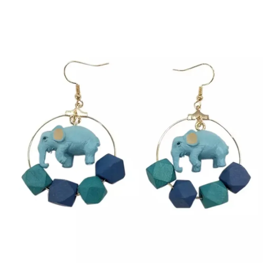 New Sweet Romantic Cartoon Blue Elephant Square Circle Earrings Fashion Jewelry For Women Gift Wholesale Accessories Femme | Украшения и