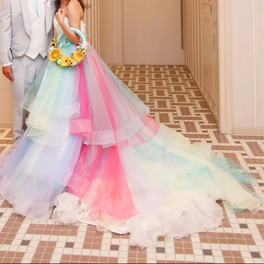 Разноцветная длинная юбка с радугой, шикарная Свадебная юбка с Омбре, выполненная на заказ, Многоуровневая юбка с оборками, вечерние юбки для выпускного вечера, с коротким шлейфом, для помолвки, фото - Цвет: Model picture color