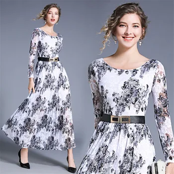 

2020 Spring Floral Dress Long Sleeve Elegant White Lace Dress Women O-Neck Slim Waist Tunic Long Dresses Plus Size Robe Femme