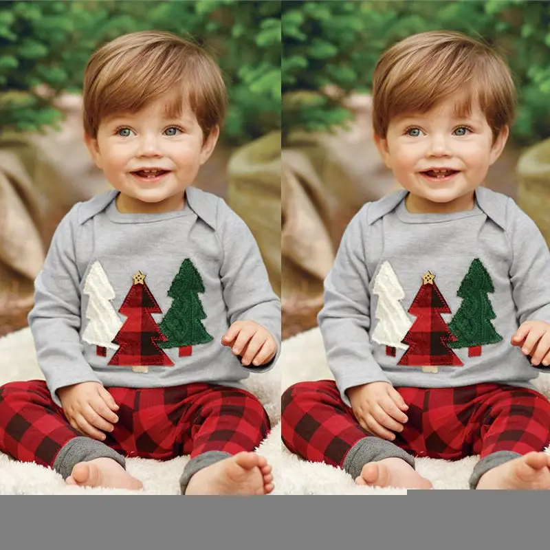 

2PCS Kids Baby Boys Christmas Clothes Long Sleeve Sweatshirt and Plaid Pants