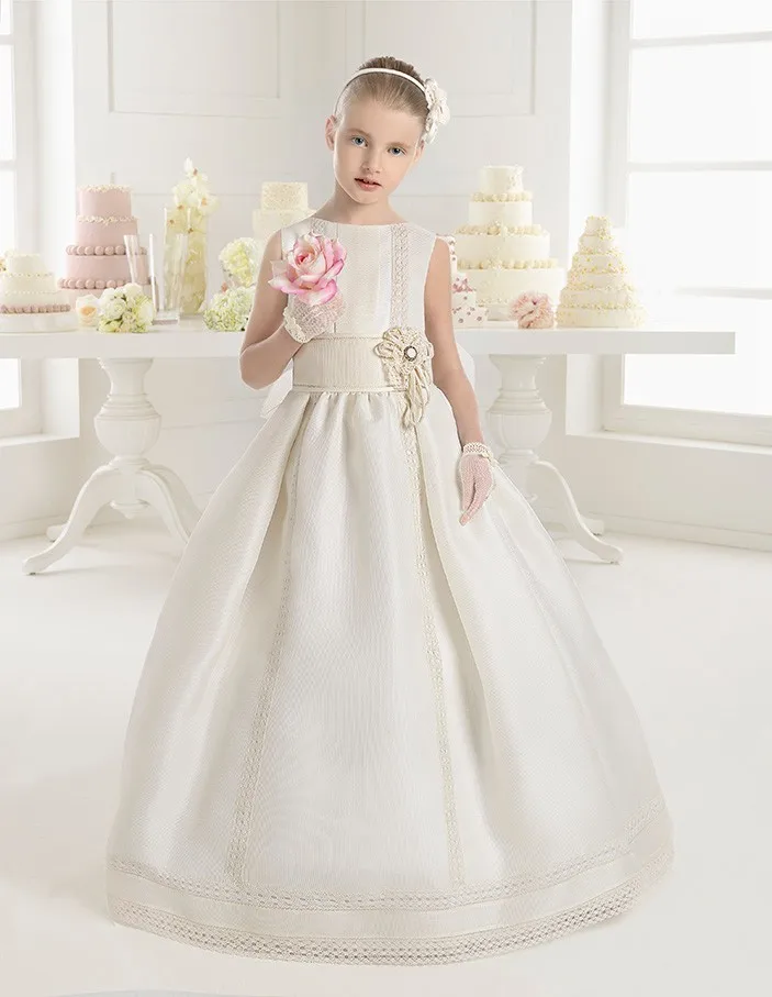 White-Elegant-Flower-Girl-Dresses-First-Communion-Dresses-For-Girls-Short-Sleeve-With-Ruched-Floor-Length