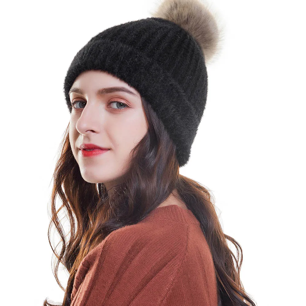 Женская зимняя шапка WELROG, повседневная шапка из искусственного кроличьего меха, теплые наушники, вязаные шапки, новые одноцветные шапки с лисьим помпоном, шапка бини, мягкие вязаные шапки - Цвет: Черный