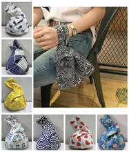 

Japanese Style Wind Simple Knot Wrist Bag Coin purse Mobile Phone Key Small Bag Grid Wave Flower Handmade Square Bag
