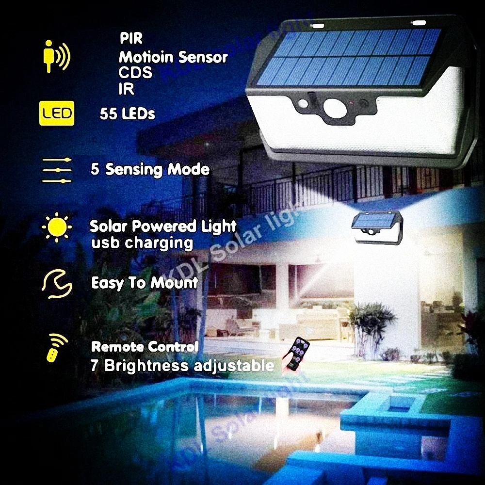 55 светодиодов Солнечный свет пульт дистанционного управления радар 3 боковых освещения usb порт водонепроницаемый engergy экономия кемпинга открытый сад двора гаража