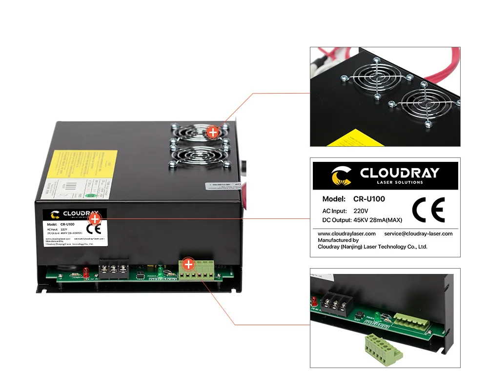 Cloudray 80-100 Вт CO2 лазерный источник питания для CO2 лазерной гравировки резки CR-U100 U серии