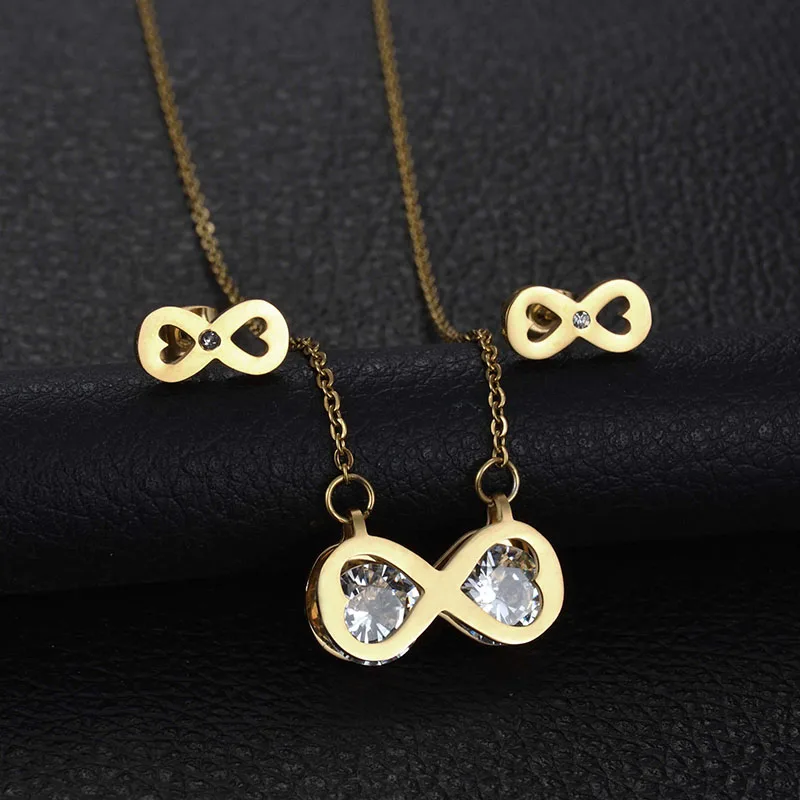 

Factory Direct Trendy Stainless Steel Stethoscope Necklaces Earring Set 3 Colors CZ Stone Infinity Jewelry Set Wedding Gift