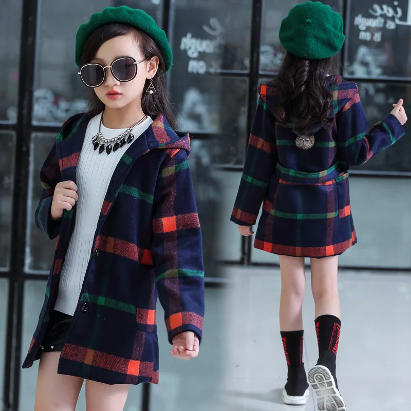 Autumn Winter Teenage Girls Woolen Outerwear Plaid Coat For Girl Trench Coat Kids Children