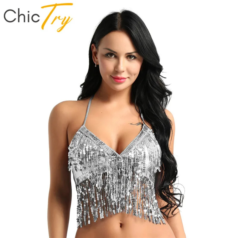 

ChicTry Women Shiny Sequins Tassel Halter Dance Bra Top Latin Belly Dance Costume Club Party Festival Rave Dance Sexy Crop Tops