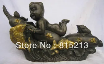 

wang 000131 13" Chinese Bronze Gilt Wealth Spittor Frog Cicada Tongzi Fish lotus root Statue
