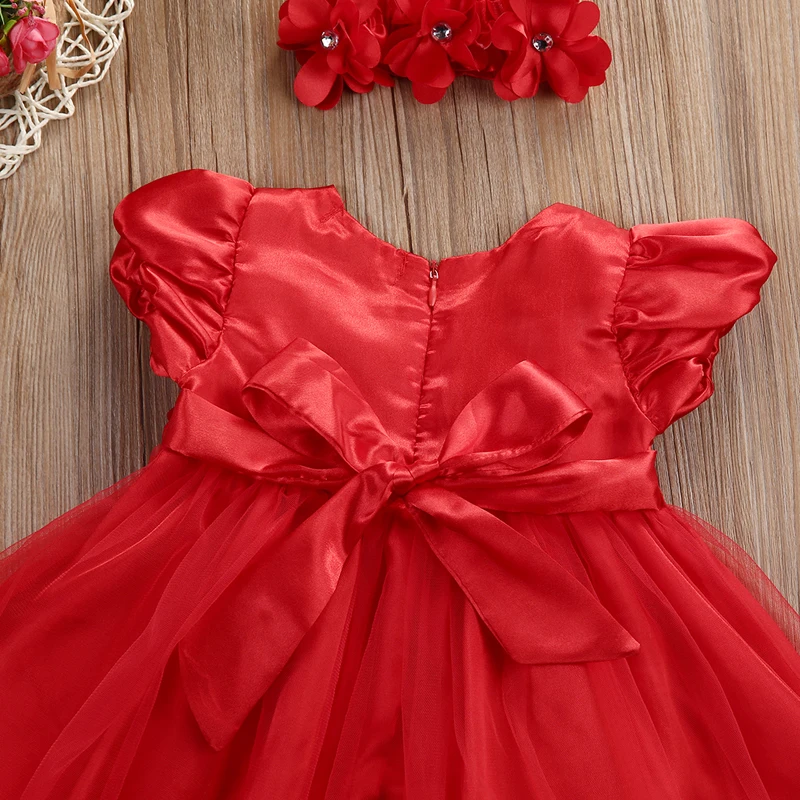 Одежда для маленьких девочек, платье, пышные рукава, повязка на голову с цветами, красное платье принцессы для свадебной вечеринки, пышное фатиновое платье-пачка
